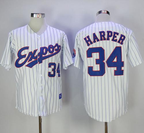 Mitchell And Ness Expos #34 Bryce Harper White Strip Throwback Stitched MLB Jersey